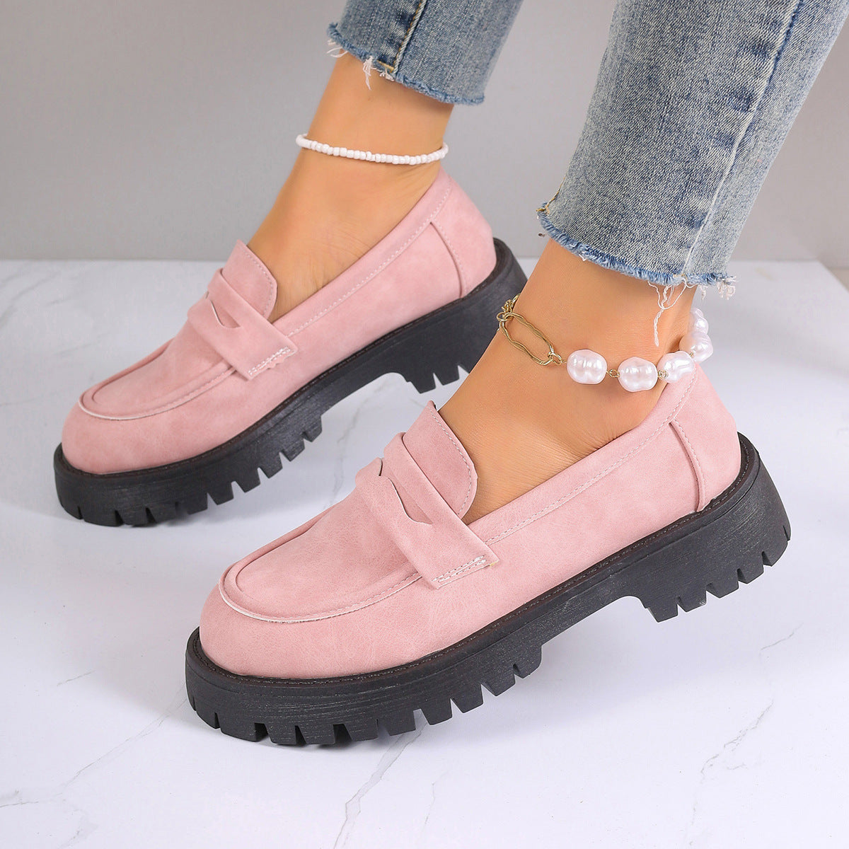 Fiorelle Women's Plus Size Retro Suede Loafers Slip-On Shoes with Chunky Heel Platform