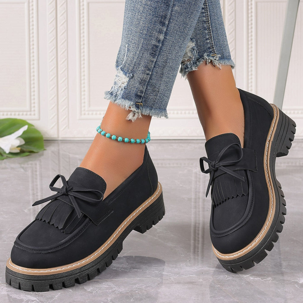 Fiorelle Women's Plus Size Chic Tassel Chunky Heel Bowknot Loafers Casual Shoes