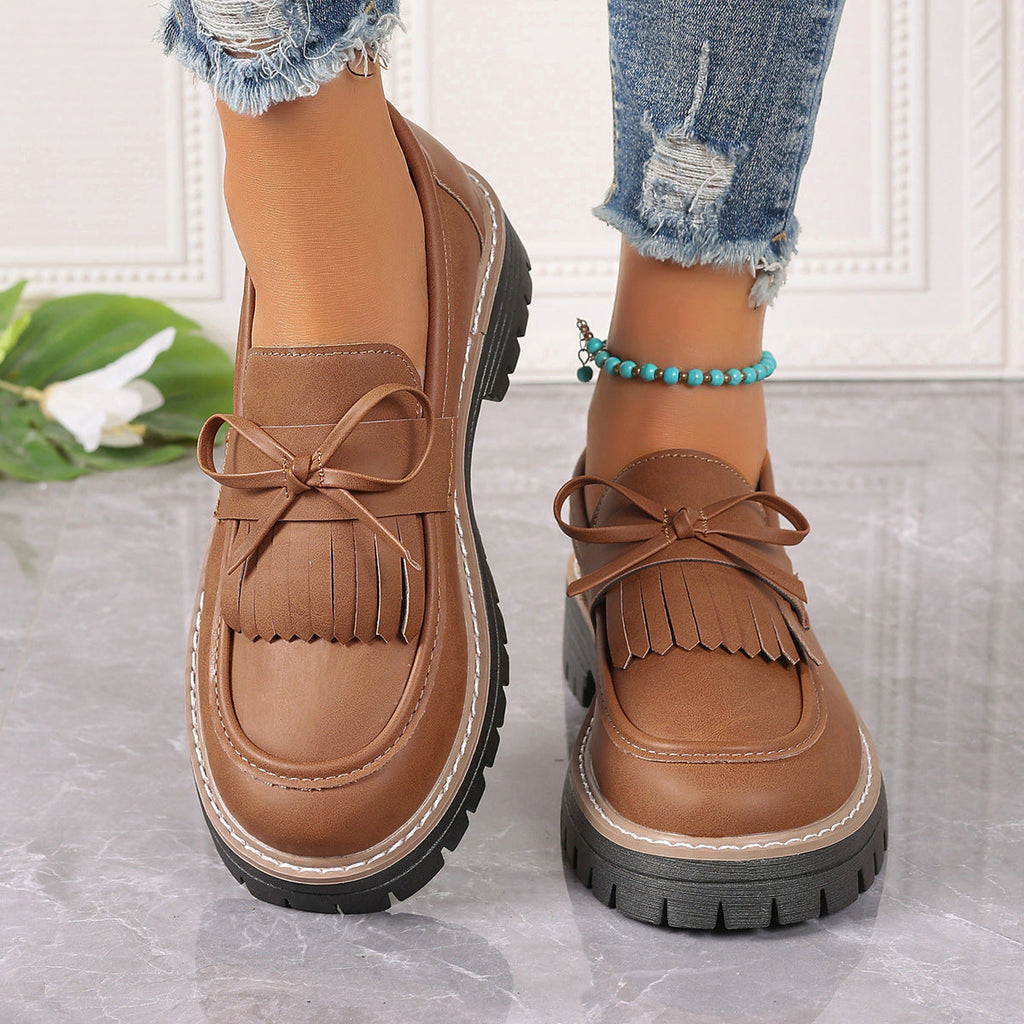 Fiorelle Women's Plus Size Chic Tassel Chunky Heel Bowknot Loafers Casual Shoes