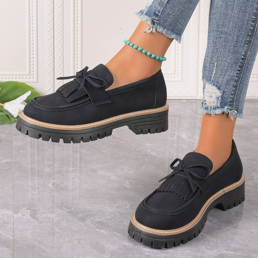 Fiorelle Women's Plus Size Chic Tassel Chunky Heel Bowknot Loafers Casual Shoes