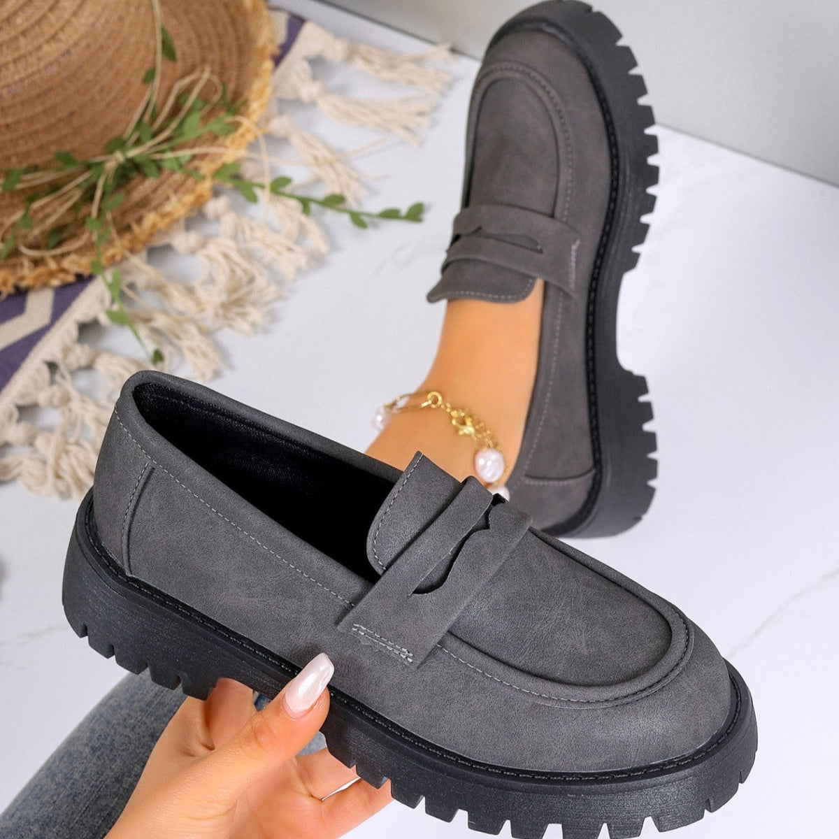 Fiorelle Women's Plus Size Retro Suede Loafers Slip-On Shoes with Chunky Heel Platform