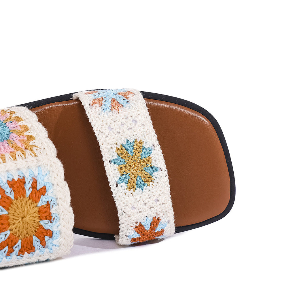 Fiorelle Women’s SunBloom Knit Flat Slides – Square-Toe Boho Embroidered Sandals (US 5–10)