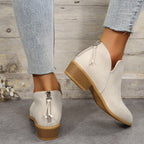 Fiorelle Plus Size Women's British-Inspired Solid-Color Pointed Toe Casual Fashion Boots with Rear Zipper & Low Chunky Hee