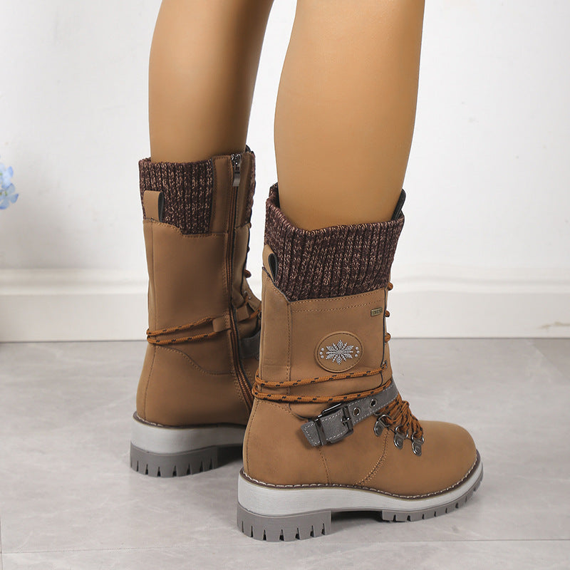 Fiorelle Women's Nordic Knit Combat Boot - High-Shaft Thermal Cotton Lined Snow Boots with Block Heel & Leather Accents Design (US 5-10.5)