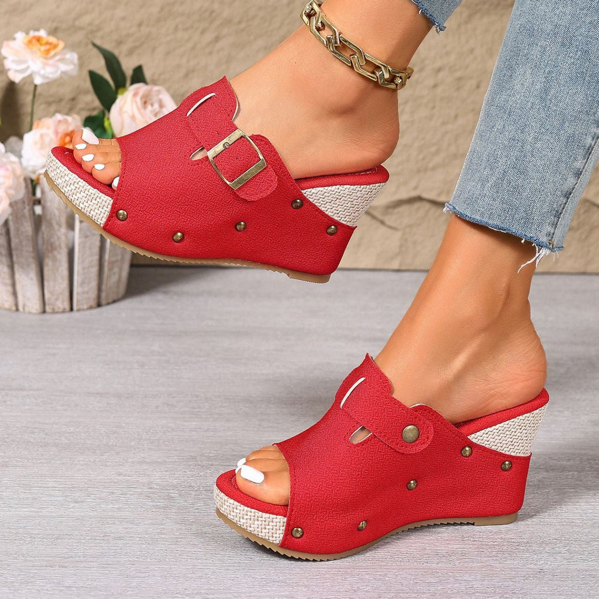 Fiorelle Women’s Sable Rivet Velcro Platform Wedge Sandals – Chunky Studded Slides with Adjustable Strap (US 4–10.5)