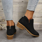 Fiorelle Plus Size Women's British-Inspired Solid-Color Pointed Toe Casual Fashion Boots with Rear Zipper & Low Chunky Hee