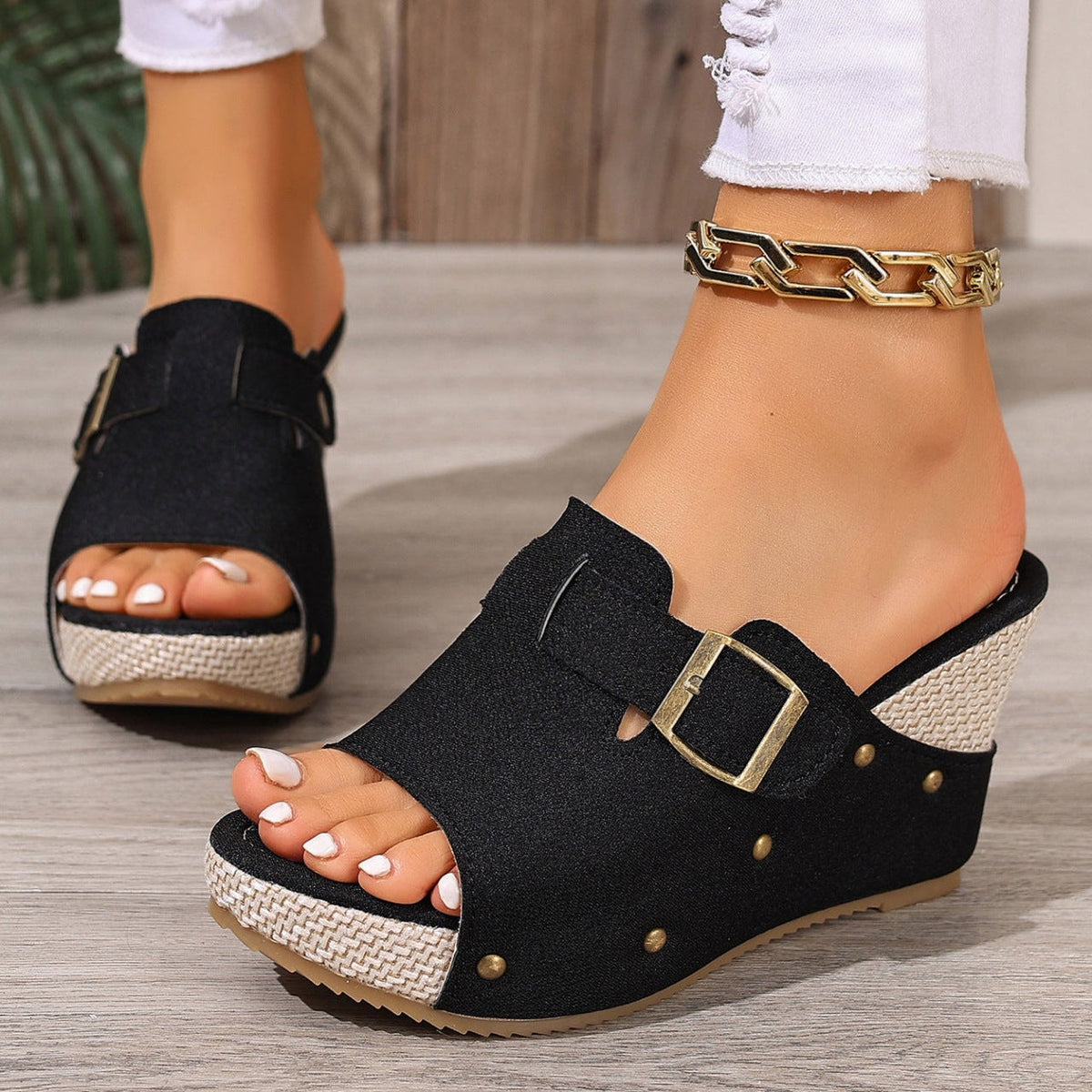 Fiorelle Women’s Sable Rivet Velcro Platform Wedge Sandals – Chunky Studded Slides with Adjustable Strap (US 4–10.5)