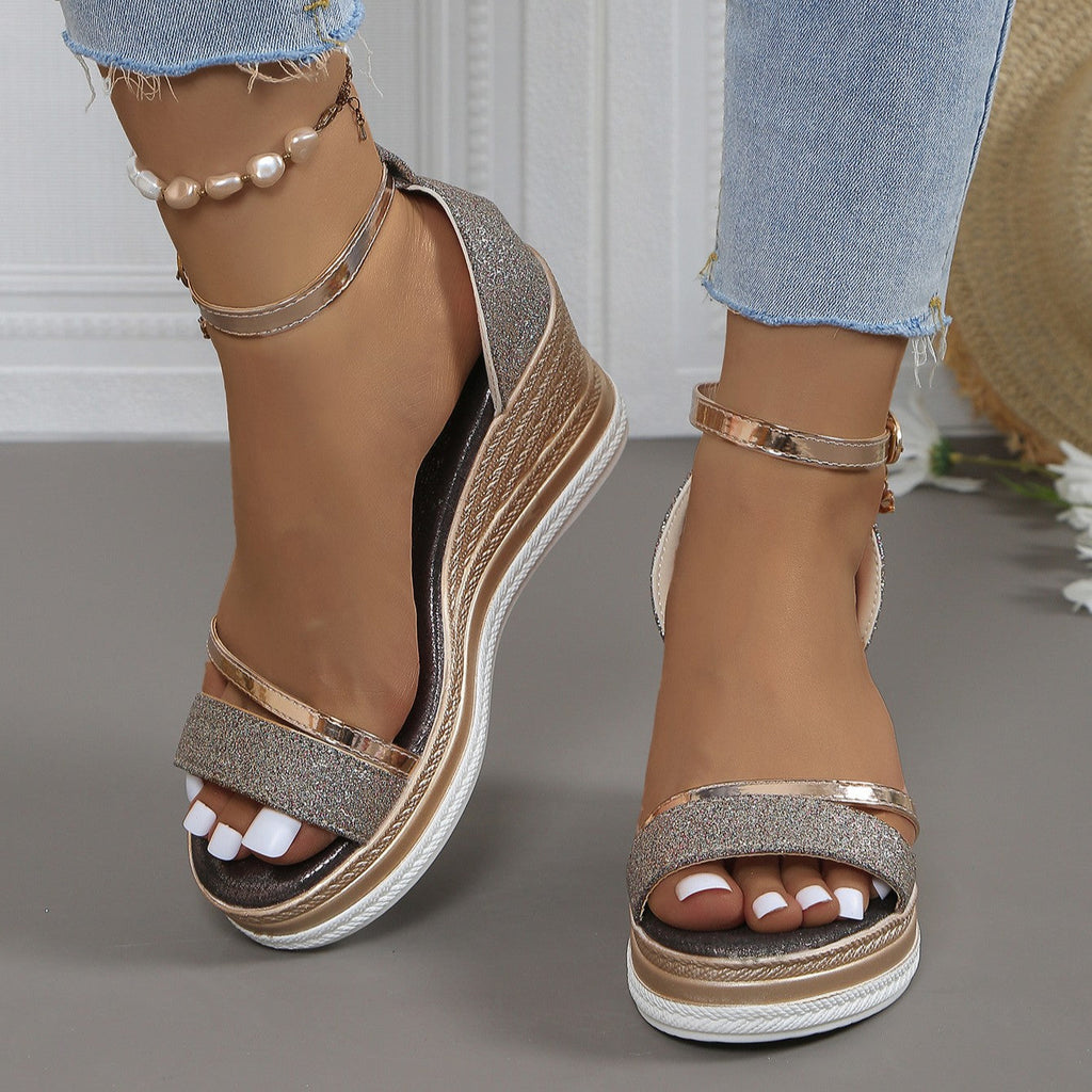 Fiorelle Women's Plus Size Rhinestone Platform Sandals – Peep-Toe Wedge Heel with Adjustable Ankle Strap, Chunky Beach Wedding Shoes