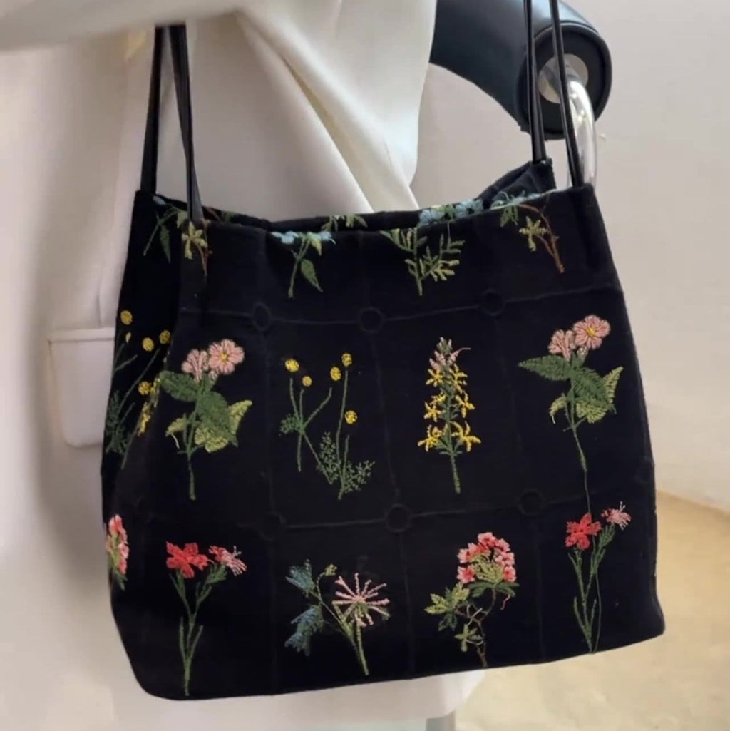 Fiorelle Women's Atelier Bloom Bucket — Artisan-Embroidered Canvas Commuter Tote with Structured Base & Dual Carry