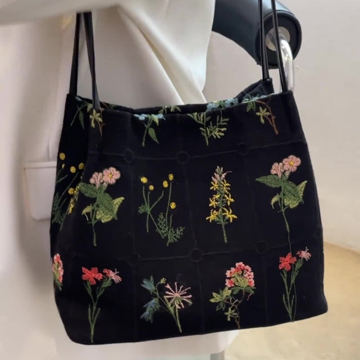 Fiorelle Women's Atelier Bloom Bucket — Artisan-Embroidered Canvas Commuter Tote with Structured Base & Dual Carry
