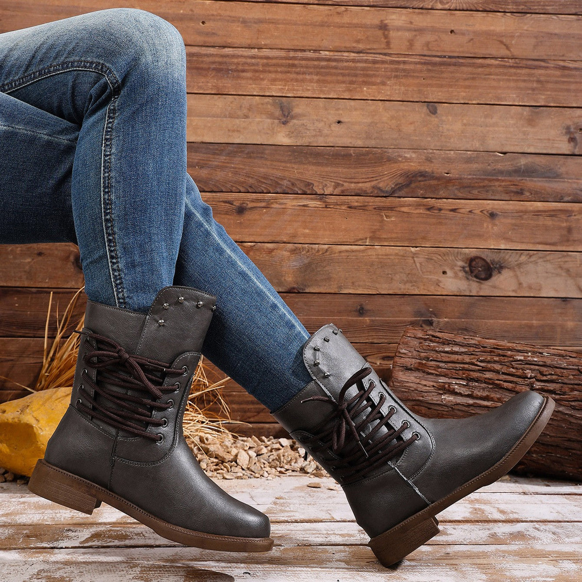 Fiorelle Women's Rivet Roma Boots - Side Lace Chunky Heel Mid Calf Boots (US 4-10.5)