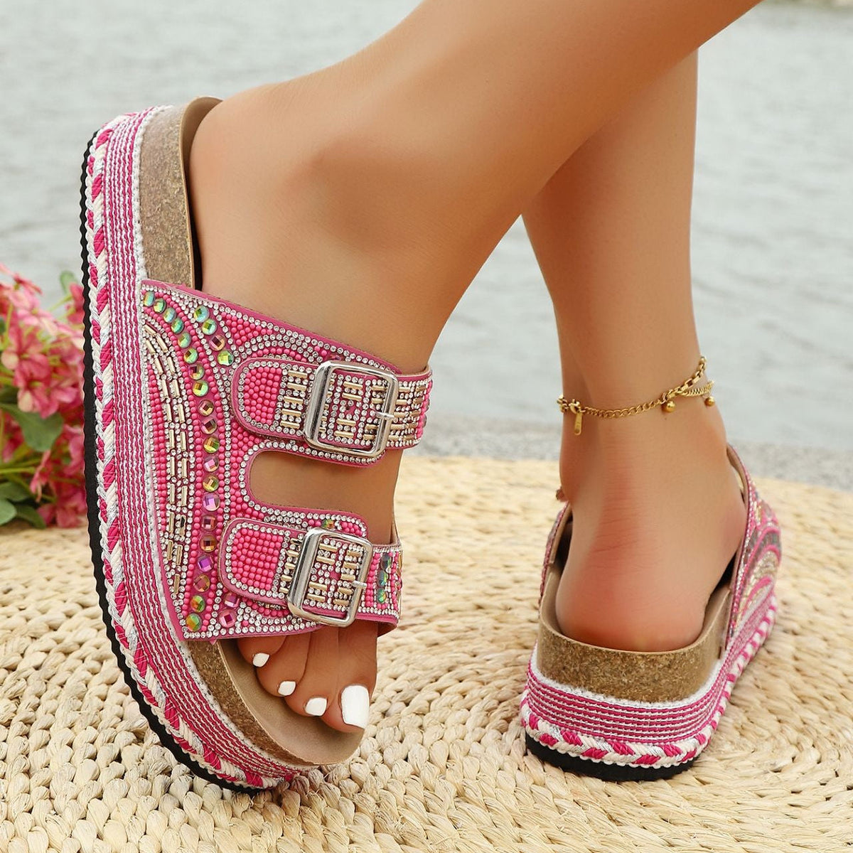 Fiorelle Women’s Calyra Rhinestone Platform Slide Sandals – Boho Metallic Buckle Rope Detail Resort Slides (US 5–10.5)