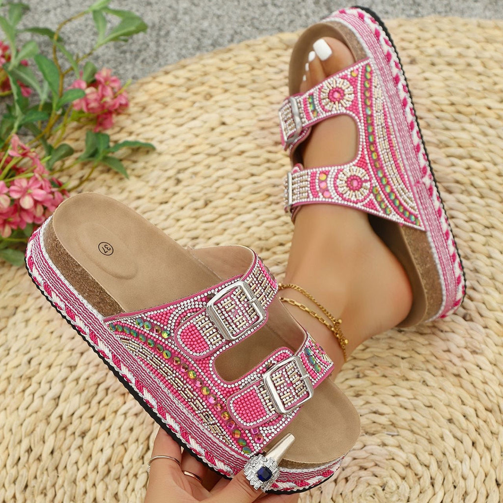 Fiorelle Women’s Calyra Rhinestone Platform Slide Sandals – Boho Metallic Buckle Rope Detail Resort Slides (US 5–10.5)