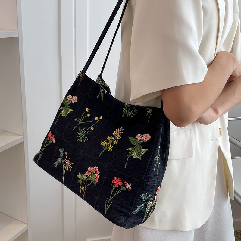 Fiorelle Women's Atelier Bloom Bucket — Artisan-Embroidered Canvas Commuter Tote with Structured Base & Dual Carry