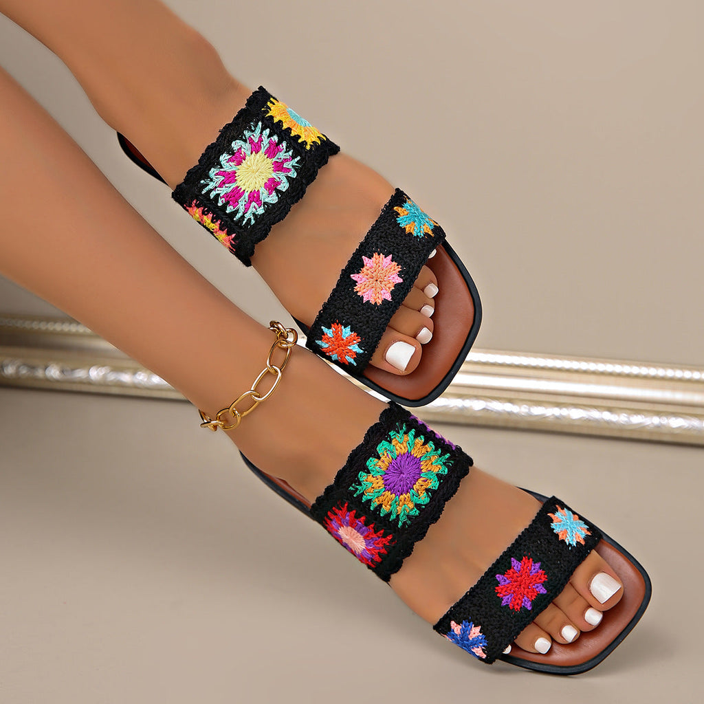 Fiorelle Women’s SunBloom Knit Flat Slides – Square-Toe Boho Embroidered Sandals (US 5–10)