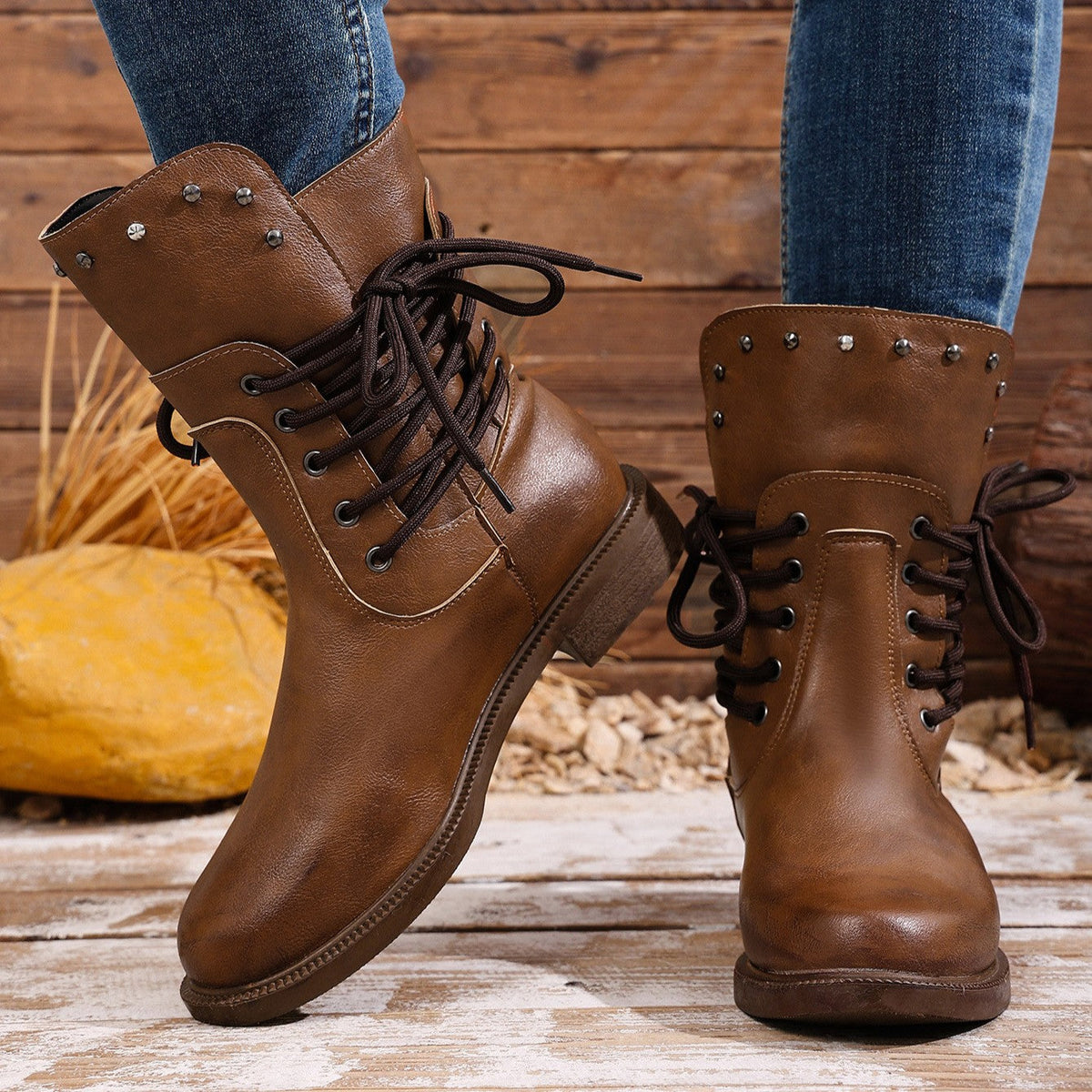 Fiorelle Women's Rivet Roma Boots - Side Lace Chunky Heel Mid Calf Boots (US 4-10.5)