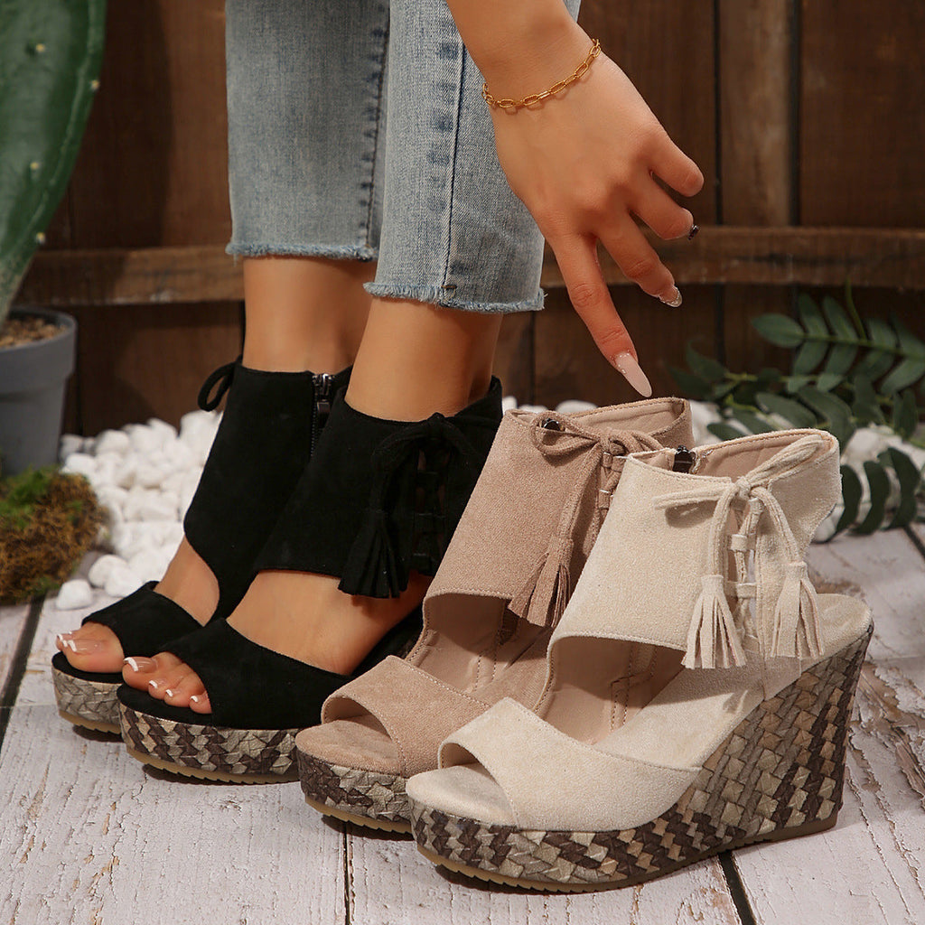 Fiorelle Women's Plus Size Artisan-Crafted Tassel Cork Wedge Sandals – Fishmouth Design with Non-Slip Sole