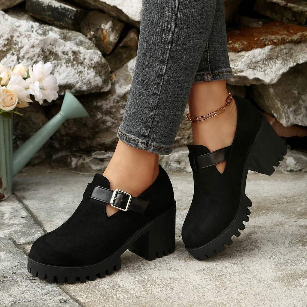 Fiorelle Women’s Elevare Buckle Round-Toe Platform Pumps – Chunky Heel Fashion Shoes (US 5–10)