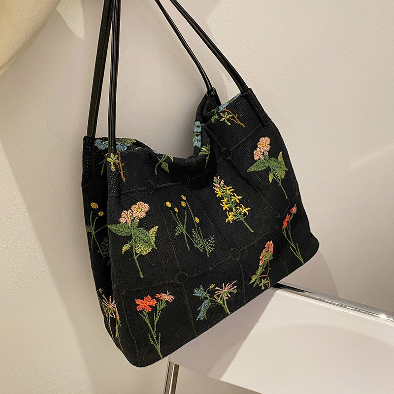 Fiorelle Women's Atelier Bloom Bucket — Artisan-Embroidered Canvas Commuter Tote with Structured Base & Dual Carry