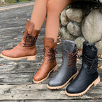 Fiorelle Women's Rivet Roma Boots - Side Lace Chunky Heel Mid Calf Boots (US 4-10.5)