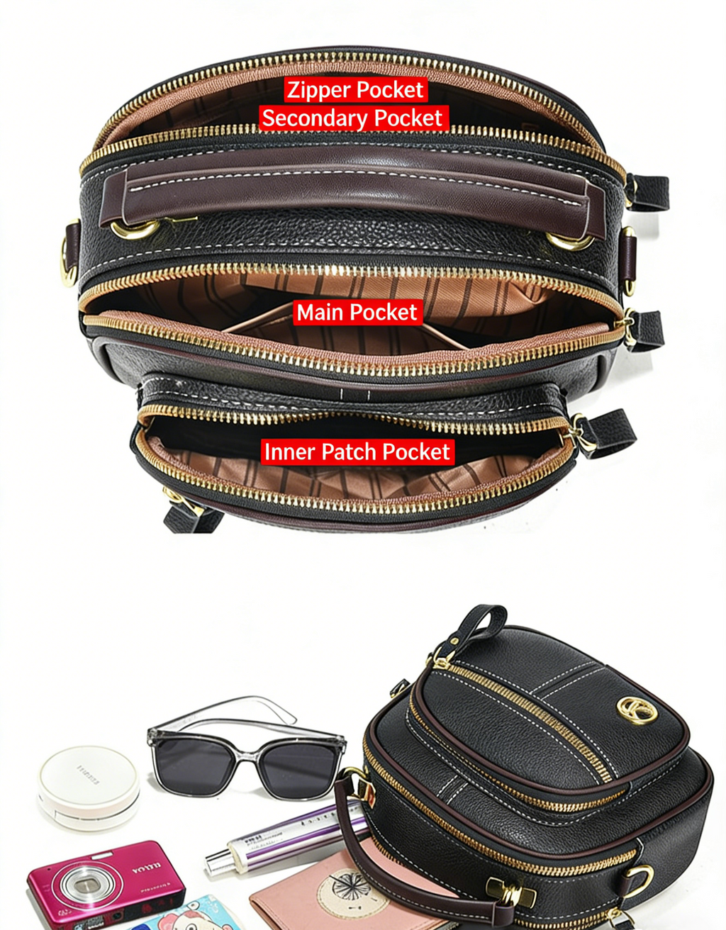 Fiorelle Women's Multi-Zip Compact Satchel — Premium Convertible Shoulder & Crossbody Bag with Curated Organization & Elevated Everyday Style
