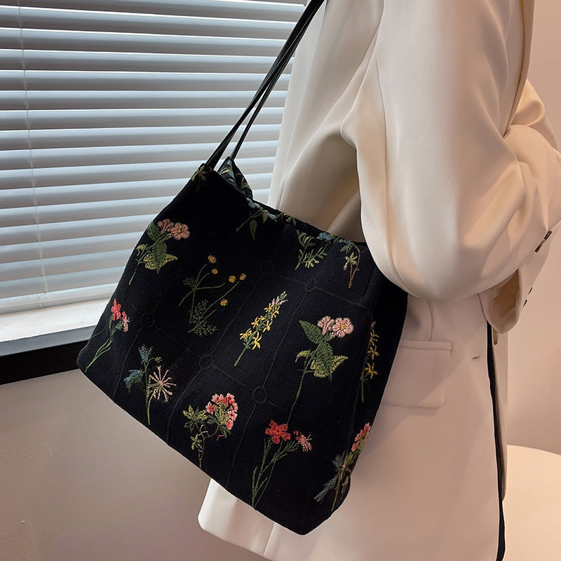 Fiorelle Women's Atelier Bloom Bucket — Artisan-Embroidered Canvas Commuter Tote with Structured Base & Dual Carry