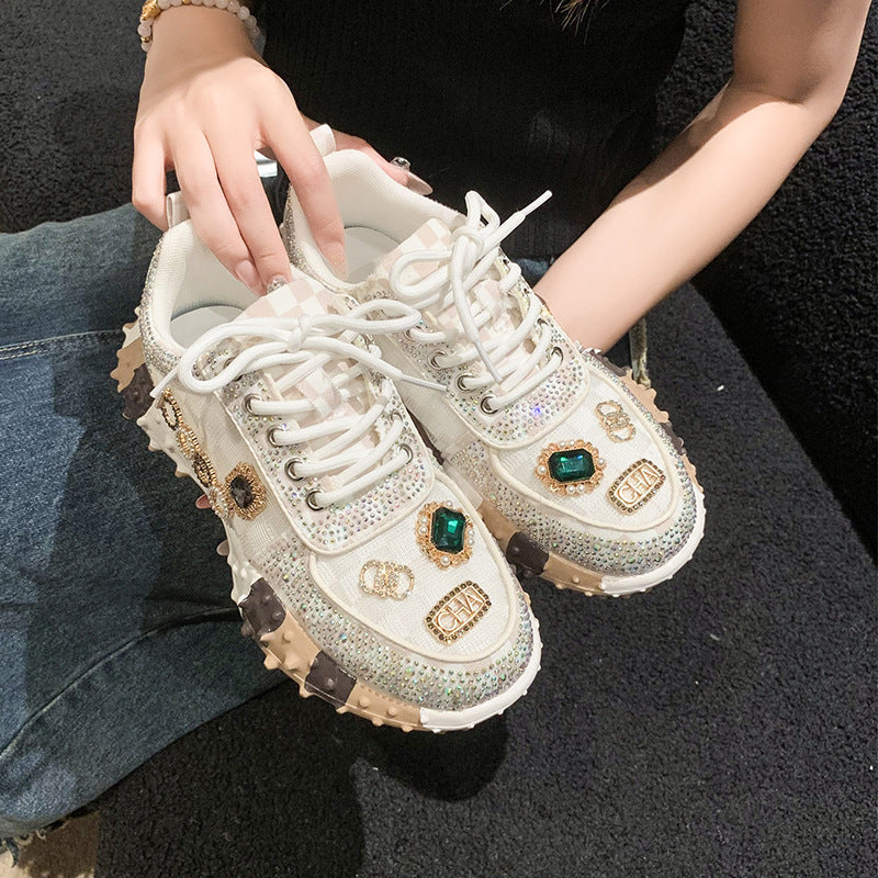Fiorelle Women’s Lumira Embroidered Letter Mesh Platform Sneakers – Rhinestone Detail Chunky Sole Light Luxury Fashion Sneakers (US 4–10.5)