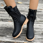 Fiorelle Women's Rivet Roma Boots - Side Lace Chunky Heel Mid Calf Boots (US 4-10.5)