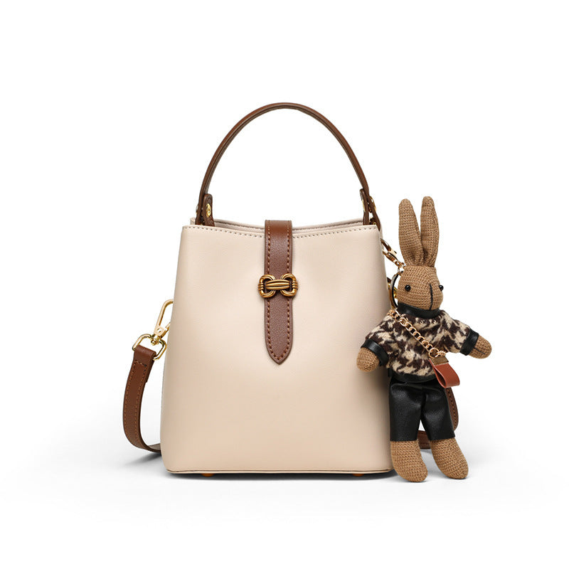 Fiorelle Women’s Bunny Charm Bucket Satchel — Cowhide Leather Convertible with Sculptural Clasp & Signature Whimsy