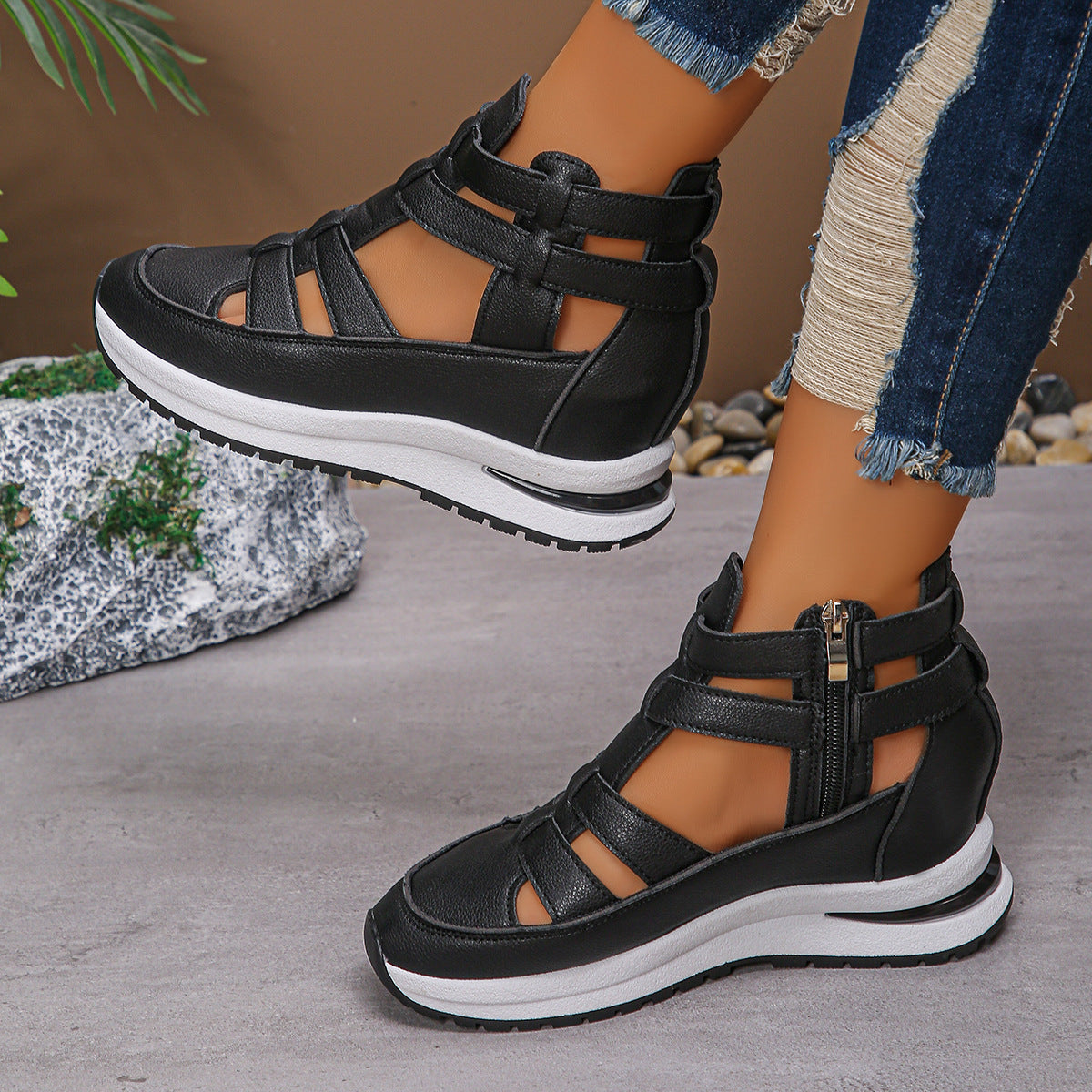 Fiorelle Women’s Plus Size Sporty Platform Sandals - Side Zipper Closed-Toe Sneaker Sandals with 7cm Height Boost