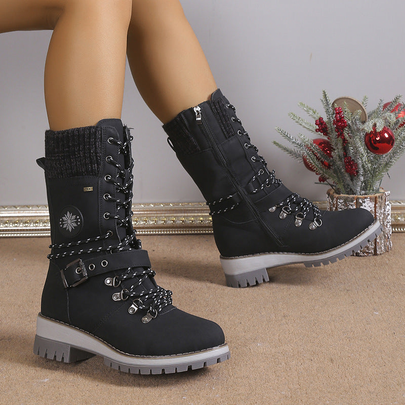 Fiorelle Women's Nordic Knit Combat Boot - High-Shaft Thermal Cotton Lined Snow Boots with Block Heel & Leather Accents Design (US 5-10.5)
