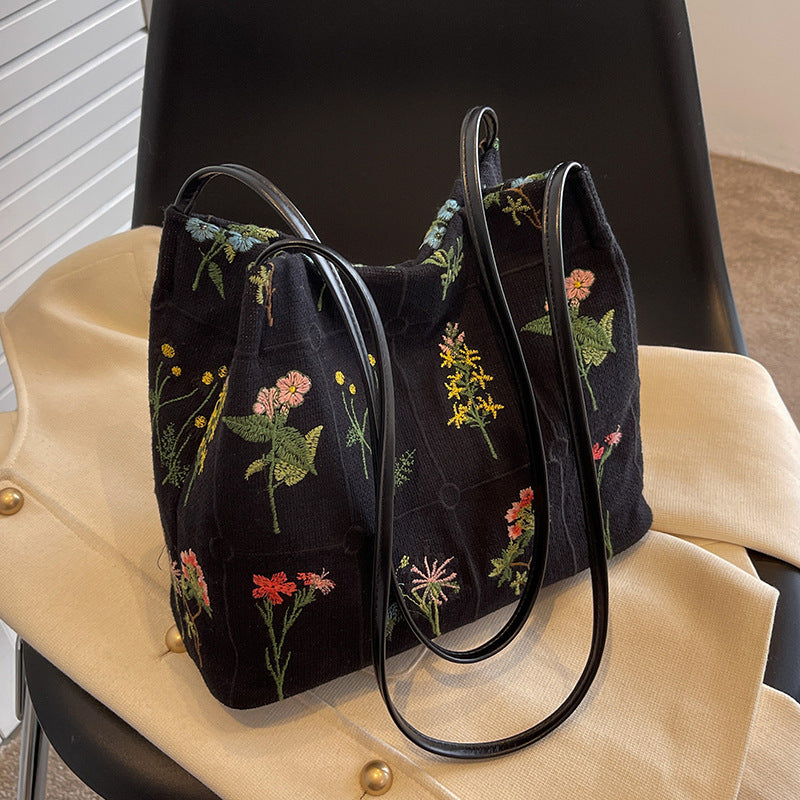 Fiorelle Women's Atelier Bloom Bucket — Artisan-Embroidered Canvas Commuter Tote with Structured Base & Dual Carry
