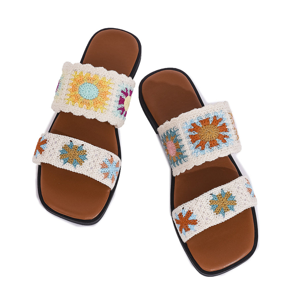 Fiorelle Women’s SunBloom Knit Flat Slides – Square-Toe Boho Embroidered Sandals (US 5–10)