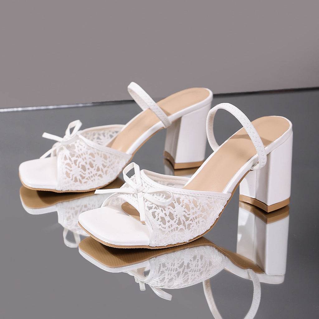 Fiorelle Women’s Elarise Lace Bow Block Heel Square Toe Sandals – Chunky Heel Dress Slides (US 4–10.5)