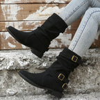 Fiorelle Women's Matte PU Buckle-Detailed Slouch Boots - Crushed Texture Stacked Mid-Calf Flat Boots (US 5-10.5)