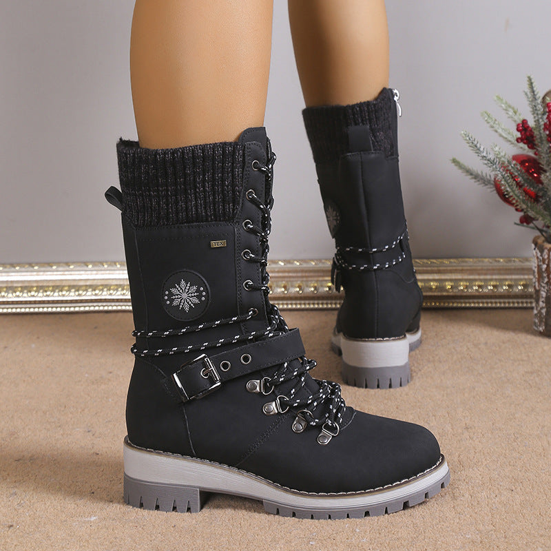 Fiorelle Women's Nordic Knit Combat Boot - High-Shaft Thermal Cotton Lined Snow Boots with Block Heel & Leather Accents Design (US 5-10.5)
