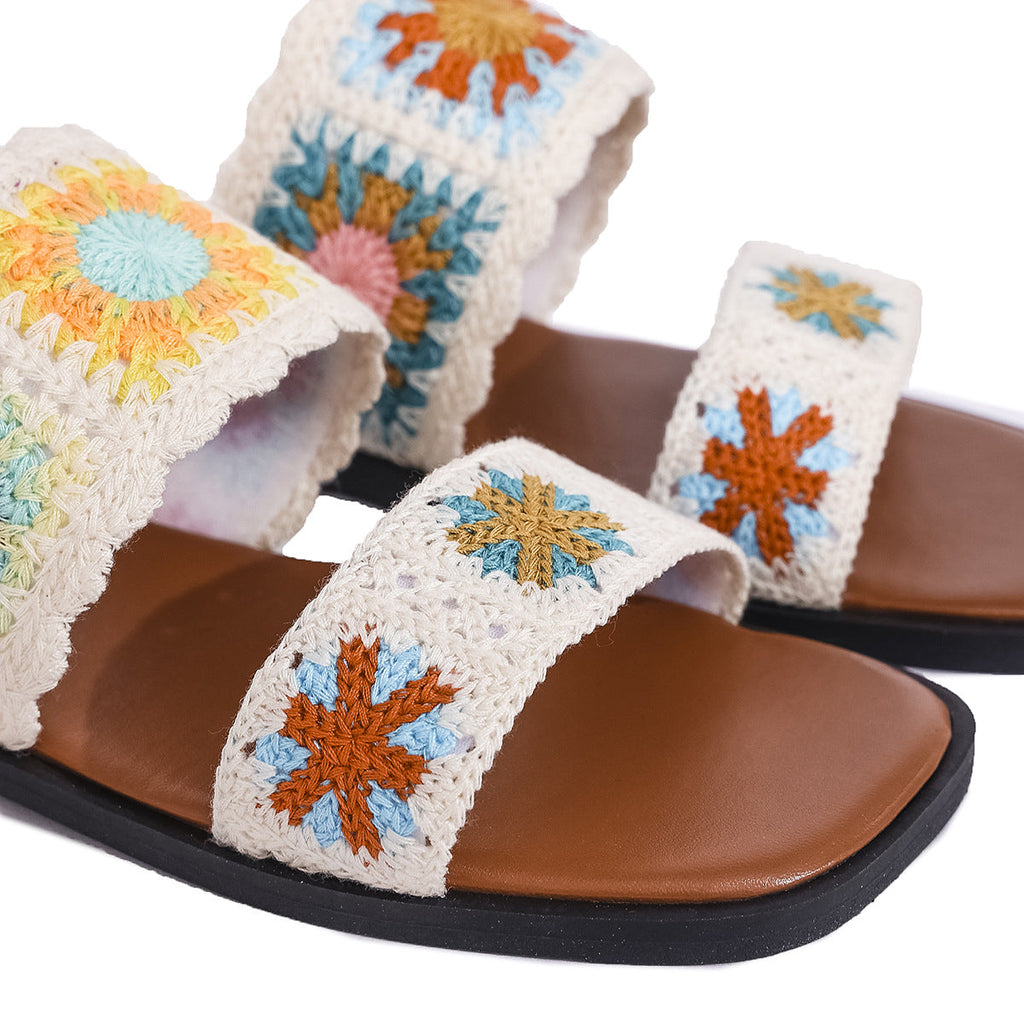 Fiorelle Women’s SunBloom Knit Flat Slides – Square-Toe Boho Embroidered Sandals (US 5–10)