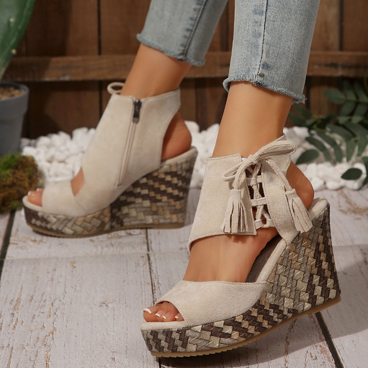 Fiorelle Women's Plus Size Artisan-Crafted Tassel Cork Wedge Sandals – Fishmouth Design with Non-Slip Sole