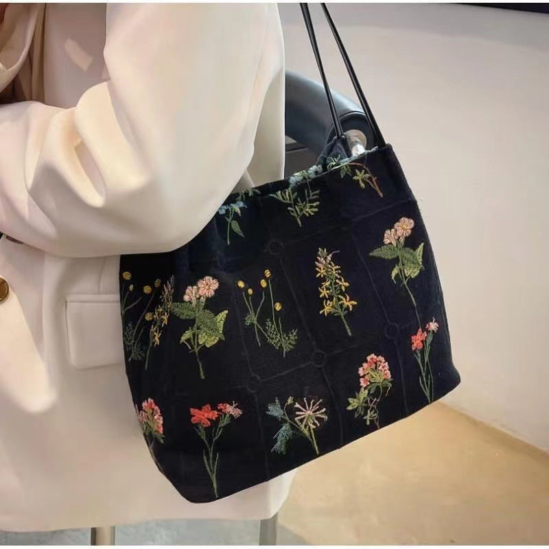 Fiorelle Women's Atelier Bloom Bucket — Artisan-Embroidered Canvas Commuter Tote with Structured Base & Dual Carry