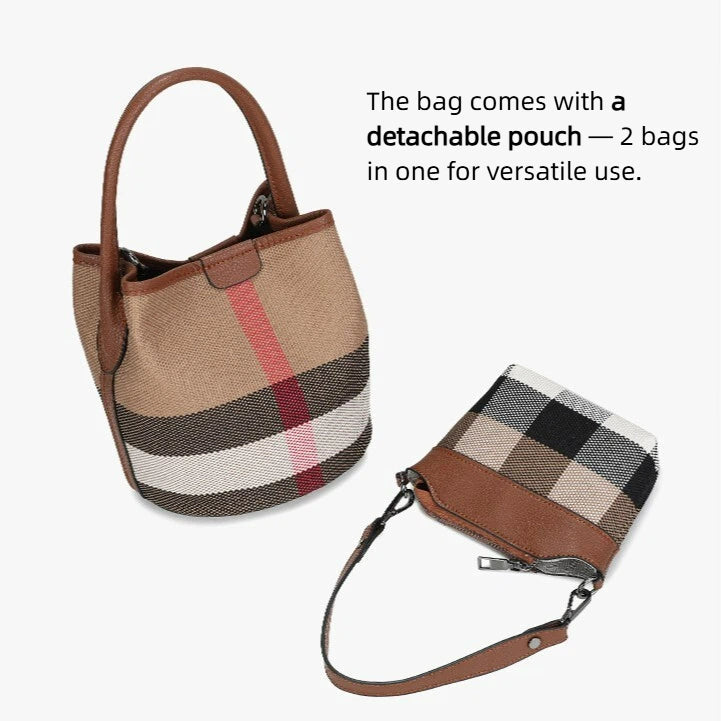 Fiorelle Women’s Regent Plaid Bucket Satchel — Heritage Check Full-Grain Leather Convertible with Detachable Pouch & Effortless Transition Carry