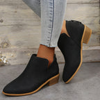 Fiorelle Plus Size Women's British-Inspired Solid-Color Pointed Toe Casual Fashion Boots with Rear Zipper & Low Chunky Hee