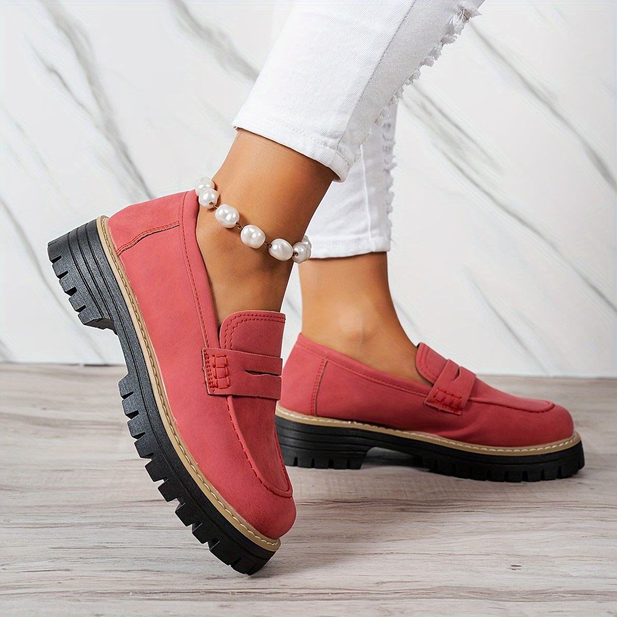 Fiorelle Women's Plus Size Casual Retro Suede Loafers with Chunky Heel Platform