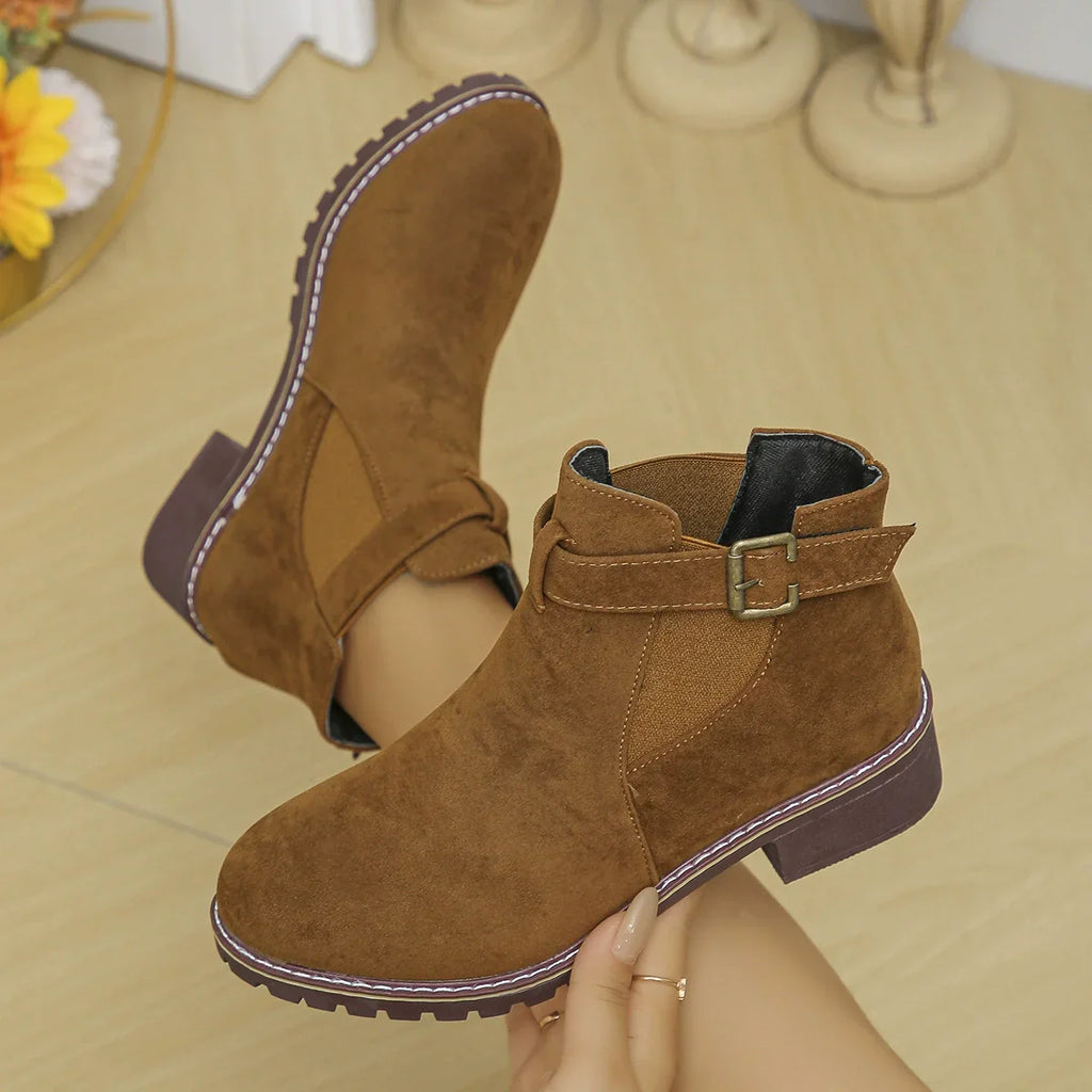 Fiorelle Women's Plus Size Suede Platform Martin Ankle Boots with Belt Buckle Details
