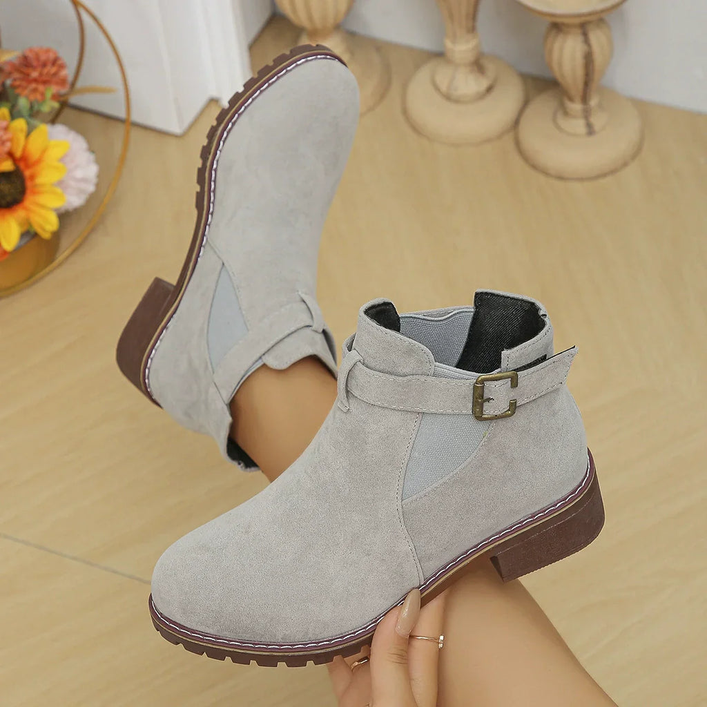 Fiorelle Women's Plus Size Suede Platform Martin Ankle Boots with Belt Buckle Details