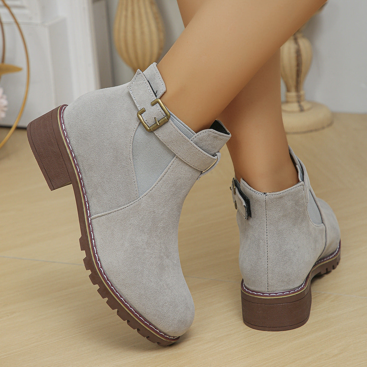 Fiorelle Women's Plus Size Suede Platform Martin Ankle Boots with Belt Buckle Details
