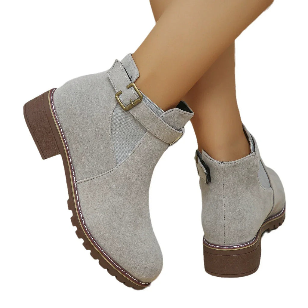 Fiorelle Women's Plus Size Suede Platform Martin Ankle Boots with Belt Buckle Details