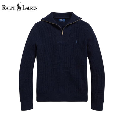 RL Waffle-Knit Wool-Cotton Quarter-Zip Sweater